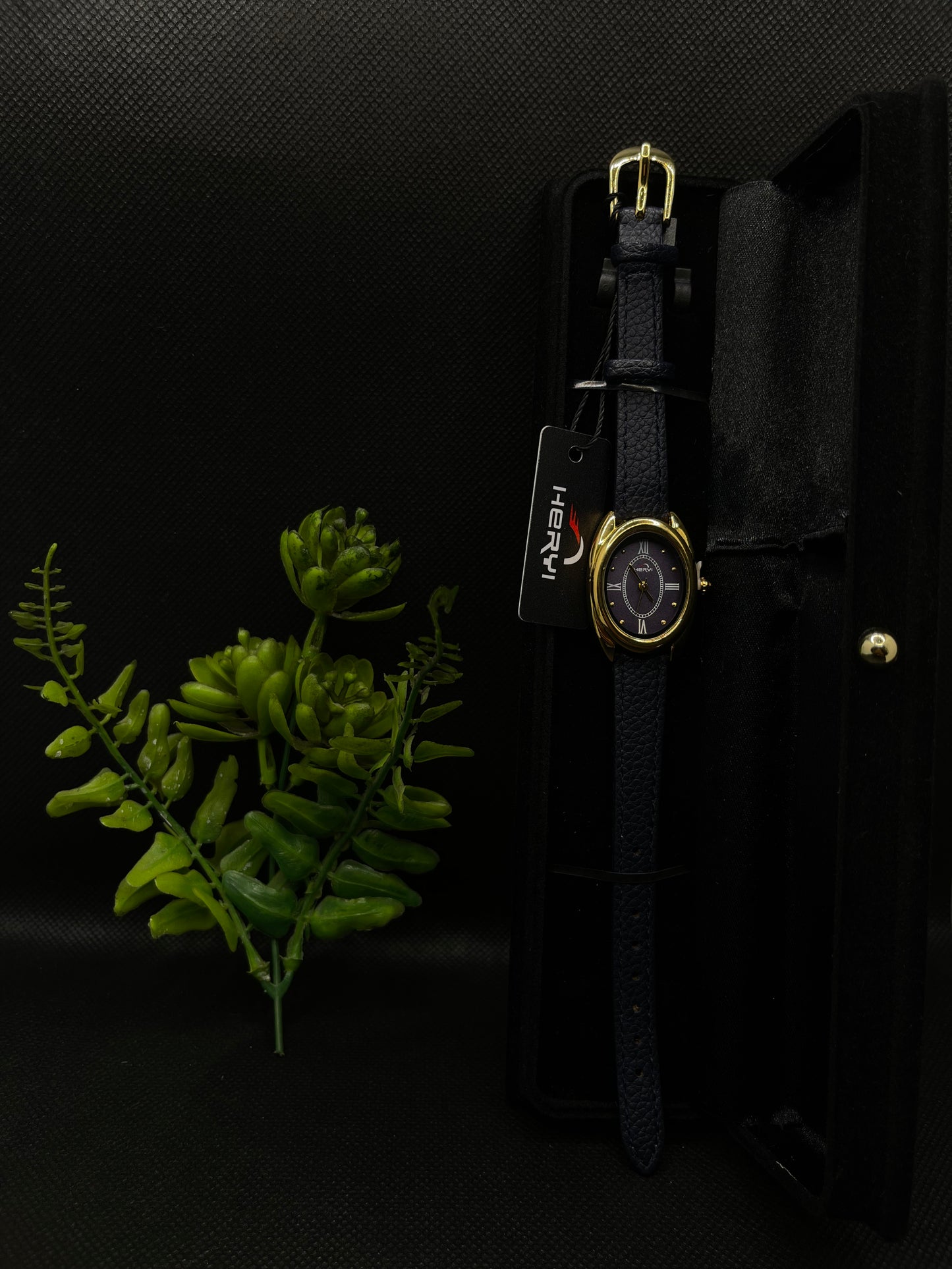 HERYI BLUE DIAL, GOLD-TONE CASE WITH BLUE LEATHER STRAP WATCH FOR WOMEN