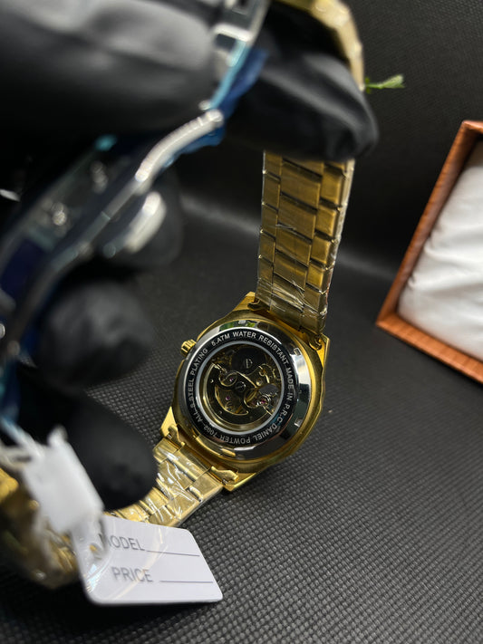 AUTOMATIC MECHANICAL GOLD WATCH WITH ROMAN COUNT SKELETON DIAL AND STAINLESS STEEL BAND