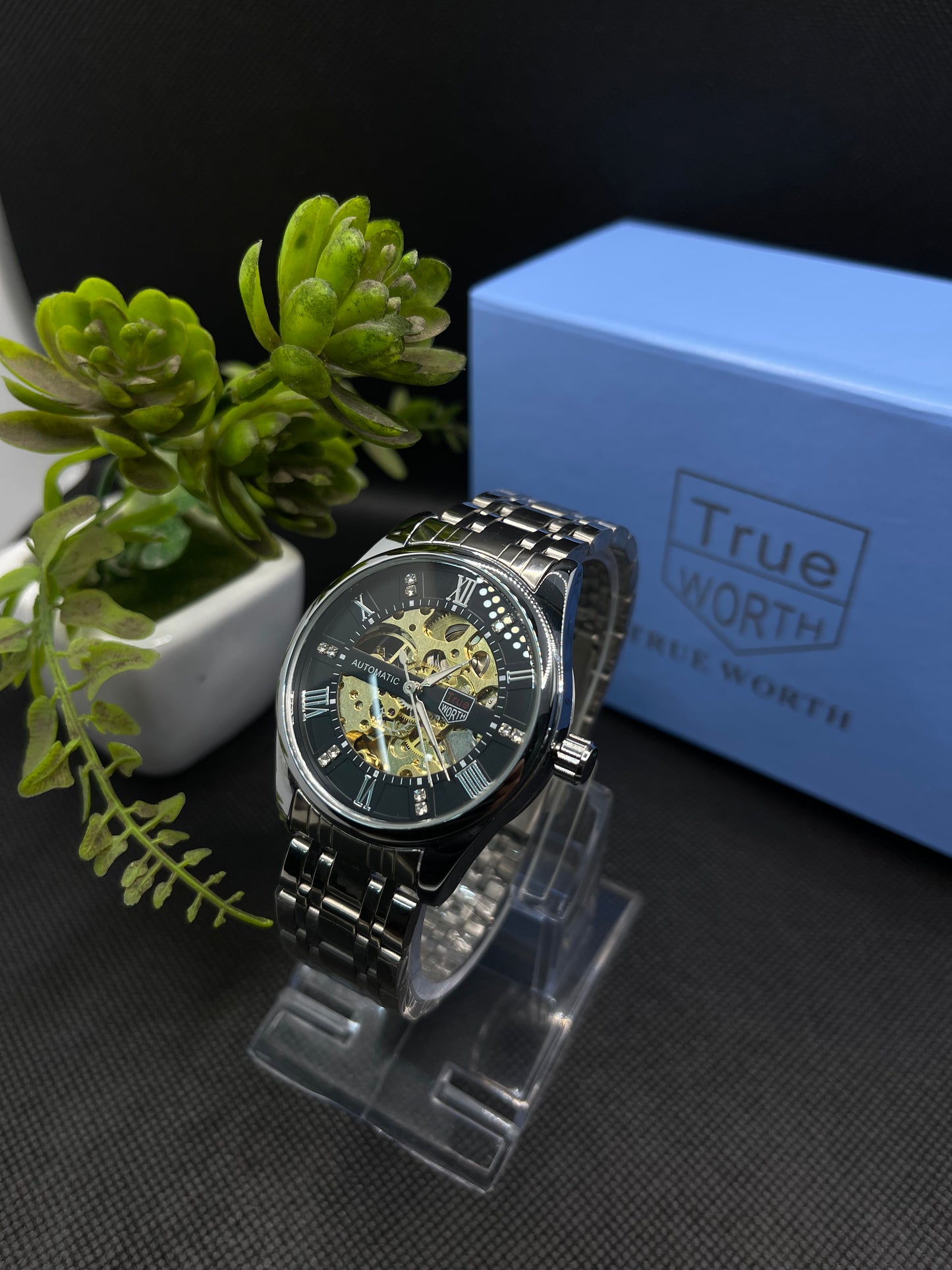 TW ROMAN COUNT AUTOMATIC SKELETON BLACK DIAL WITH SILVER STEEL CHAIN MEN's WATCH