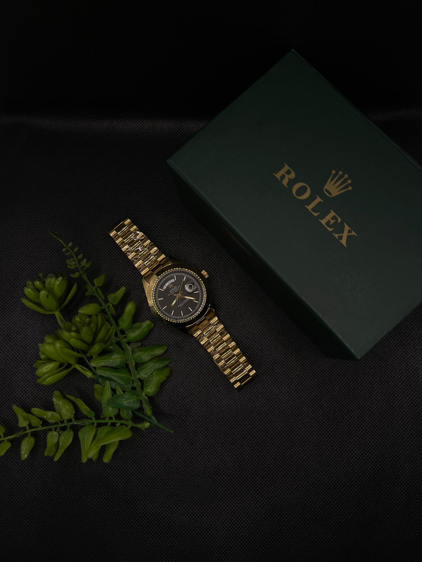 RLX BLACK DIAL DAY-DATE WATCH WITH GOLD STAINLESS CASE AND CHAIN
