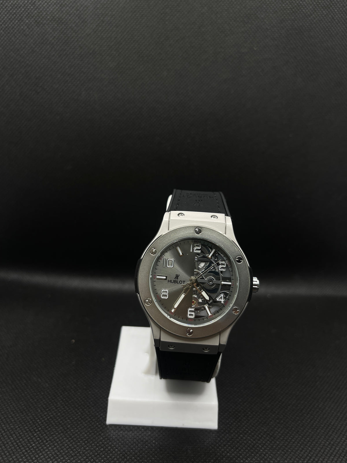 HB GENEVE SEMI SKELETON SILVER DIAL WITH VELVET STRAP