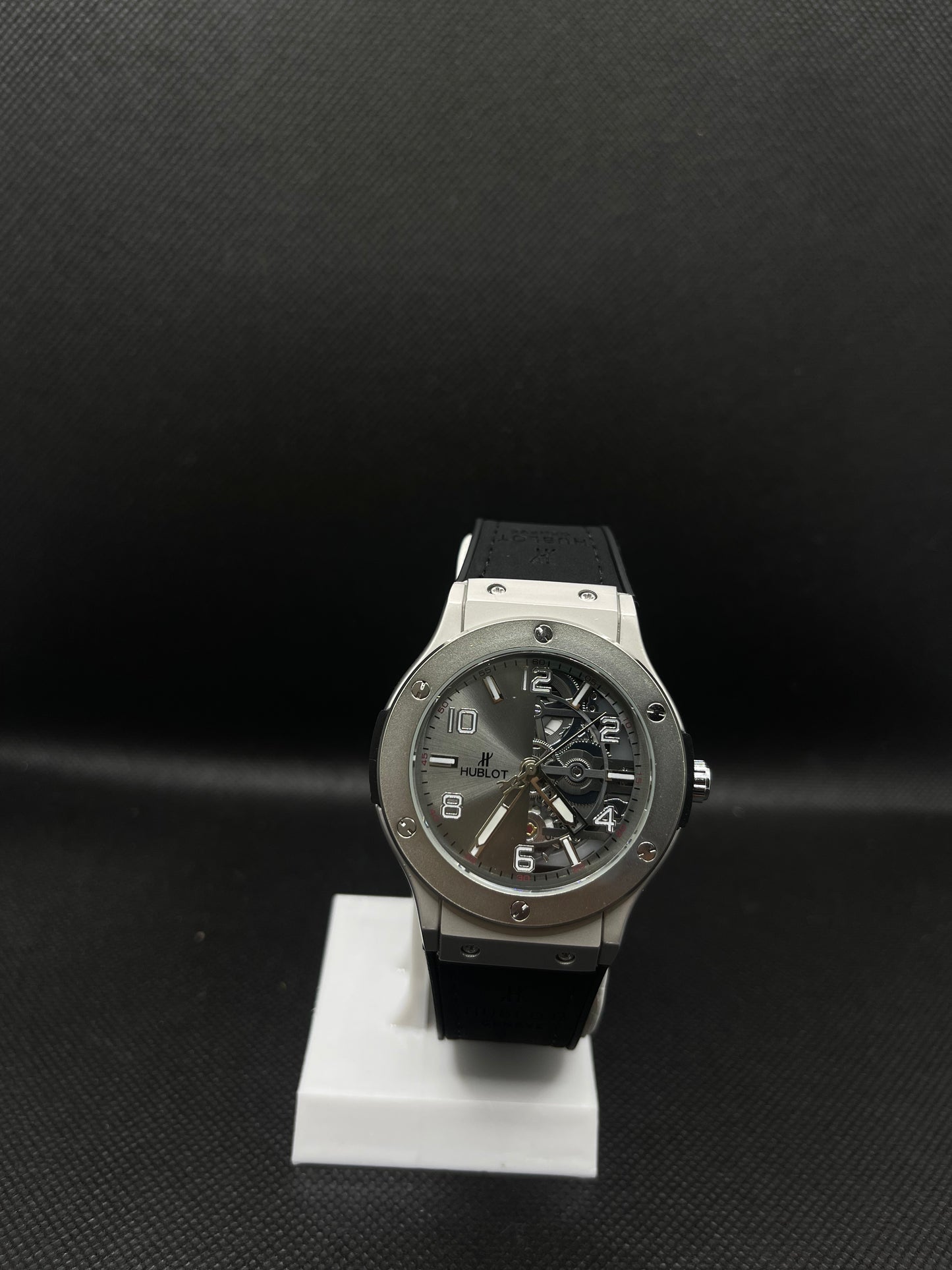 HB GENEVE SEMI SKELETON SILVER DIAL WITH VELVET STRAP