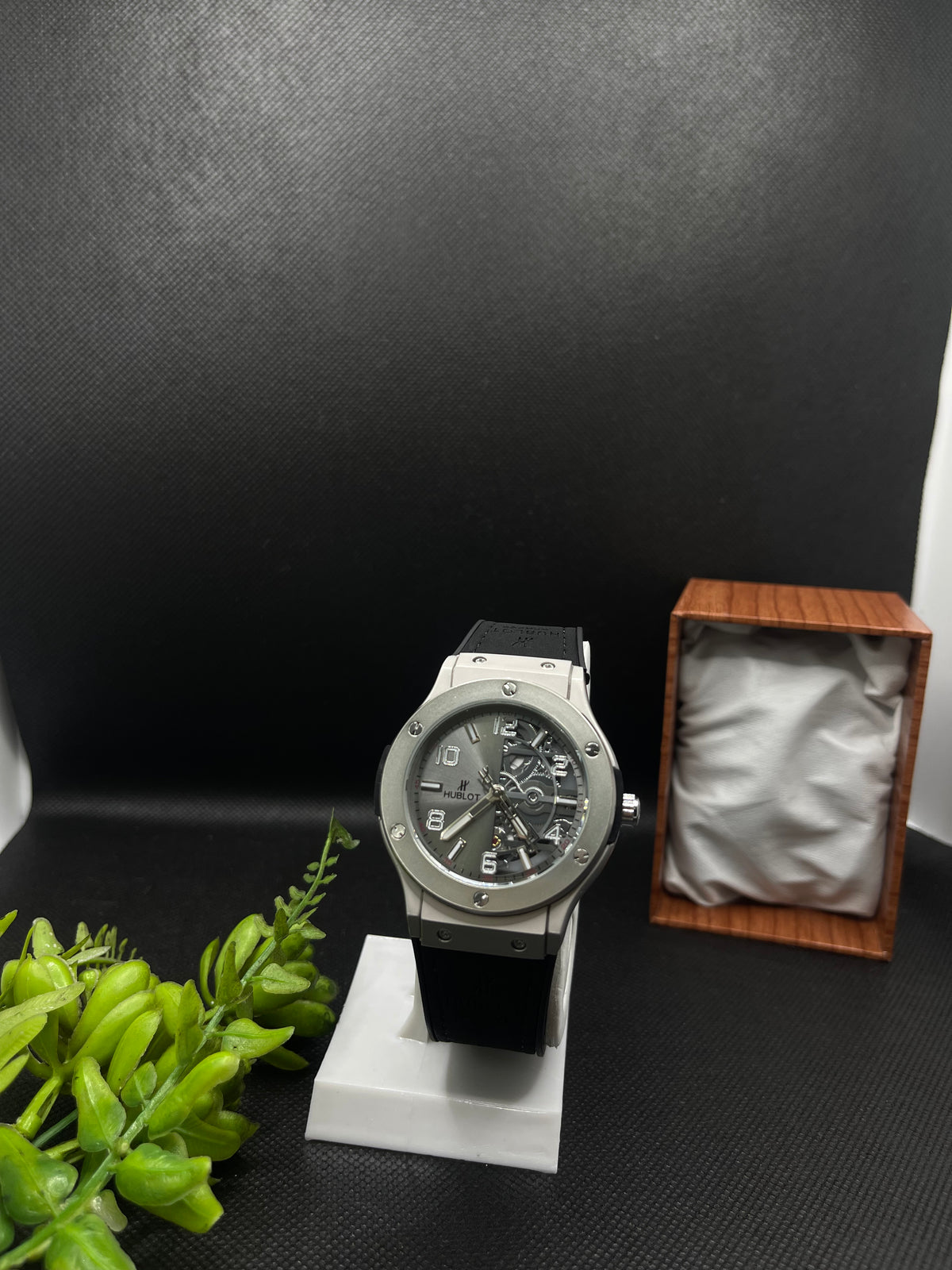 HB GENEVE SEMI SKELETON SILVER DIAL WITH VELVET STRAP