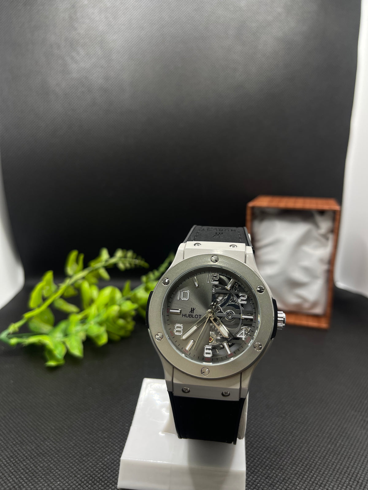 HB GENEVE SEMI SKELETON SILVER DIAL WITH VELVET STRAP