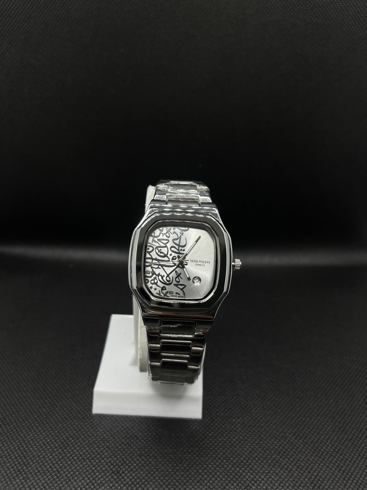 PP GENEVE IN SILVER ARABIC DIAL WITH DATE STAINLESS STEEL STRAP