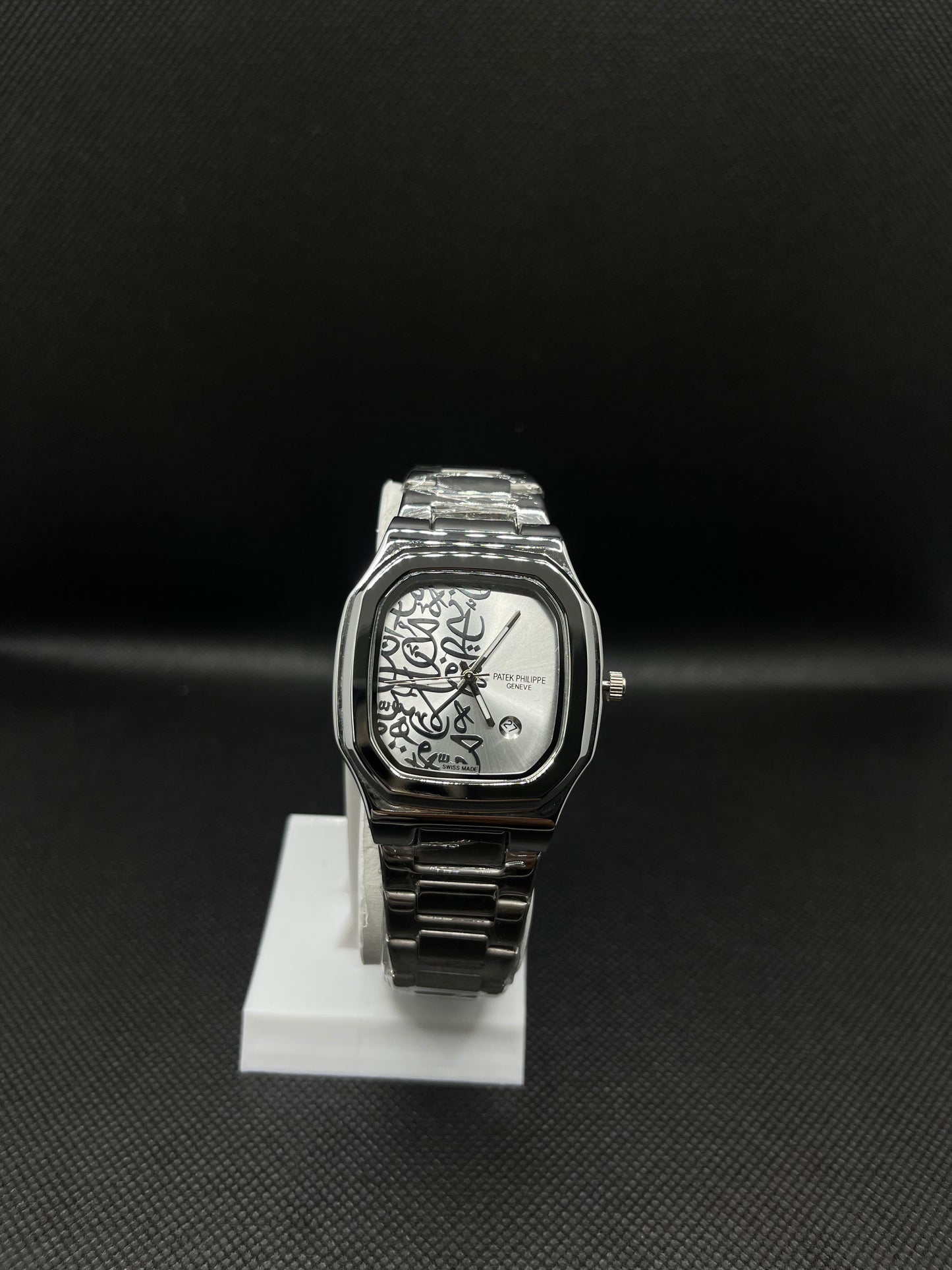 PP GENEVE IN SILVER ARABIC DIAL WITH DATE STAINLESS STEEL STRAP