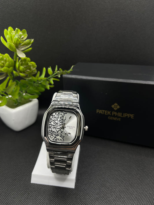 PP GENEVE IN SILVER ARABIC DIAL WITH DATE STAINLESS STEEL STRAP