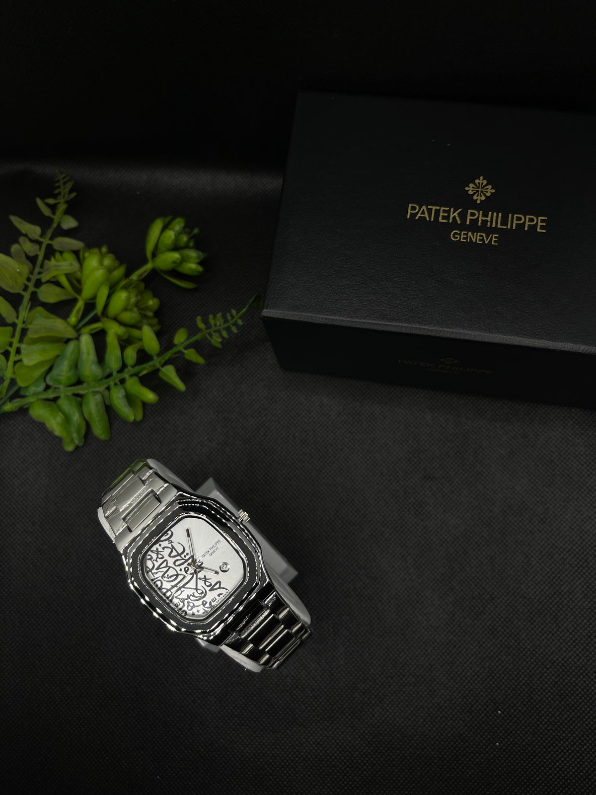 PP GENEVE IN SILVER ARABIC DIAL WITH DATE STAINLESS STEEL STRAP