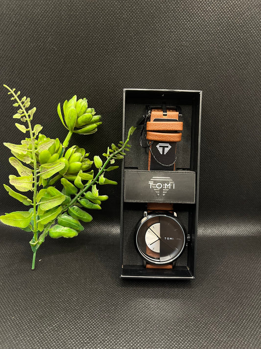 TOMI BRONZE LEATHER STRAP IN TRANSPARENT TWO TONE DIAL