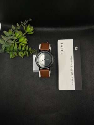 TOMI BRONZE LEATHER STRAP IN TRANSPARENT TWO TONE DIAL