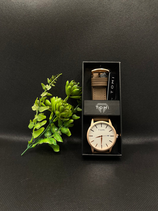 TOMI PREMIUM CHOCO BROWN LEATHER STRAP IN OFF WHITE DIAL WITH DATE