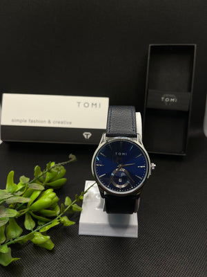 TOMI METALLIC BLUE DIAL WITH BLUE LEATHER STRAP IN MAGNETIC LOCK
