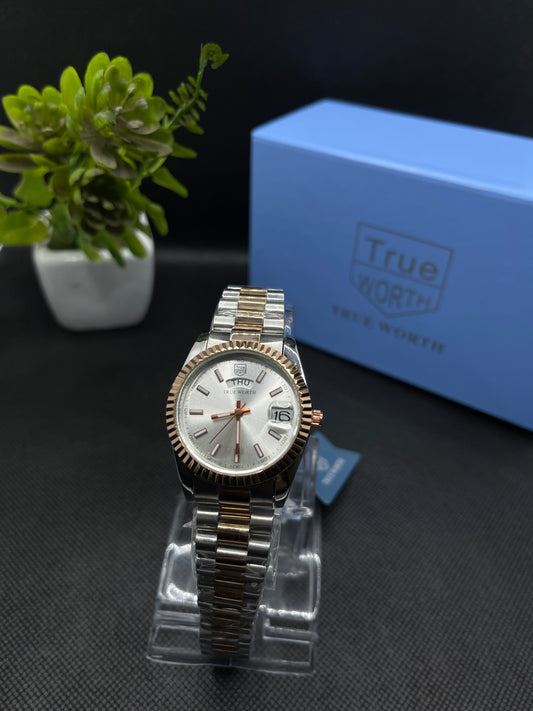 TWO-TONE WITH FLUTED BEZEL, JUBILEE BRACELET WITH DAY AND DATE WATCH FOR WOMEN