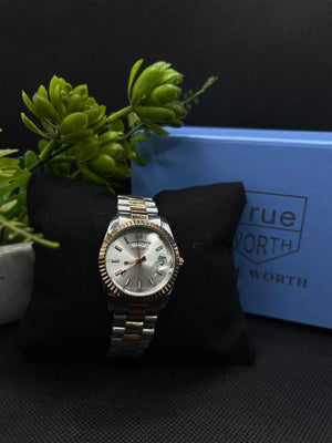 TWO-TONE WITH FLUTED BEZEL, JUBILEE BRACELET WITH DAY AND DATE WATCH FOR WOMEN