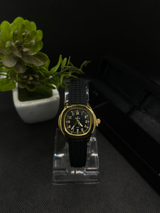 SPORT STYLE BLACK AND GOLD DIAL WITH SILICONE STRAP WATCH FOR WOMEN