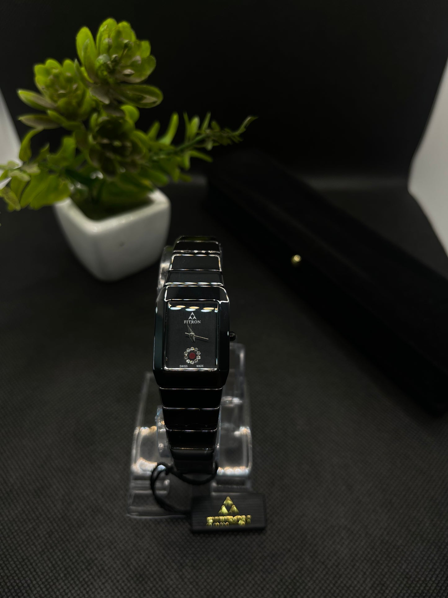 BLACK CERAMIC WITH A RECTANGULAR FACE AND DECORATIVE CRYSTAL WATCH FOR WOMEN