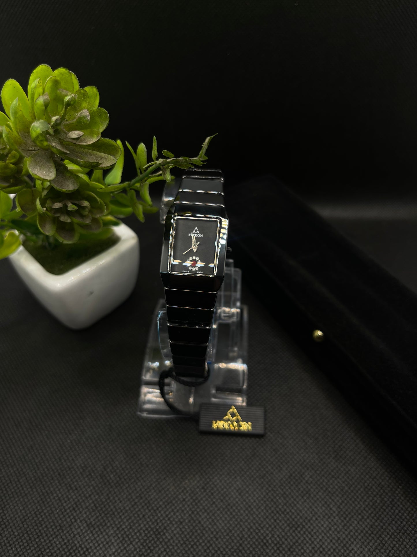 BLACK CERAMIC WITH A RECTANGULAR FACE AND DECORATIVE CRYSTAL WATCH FOR WOMEN