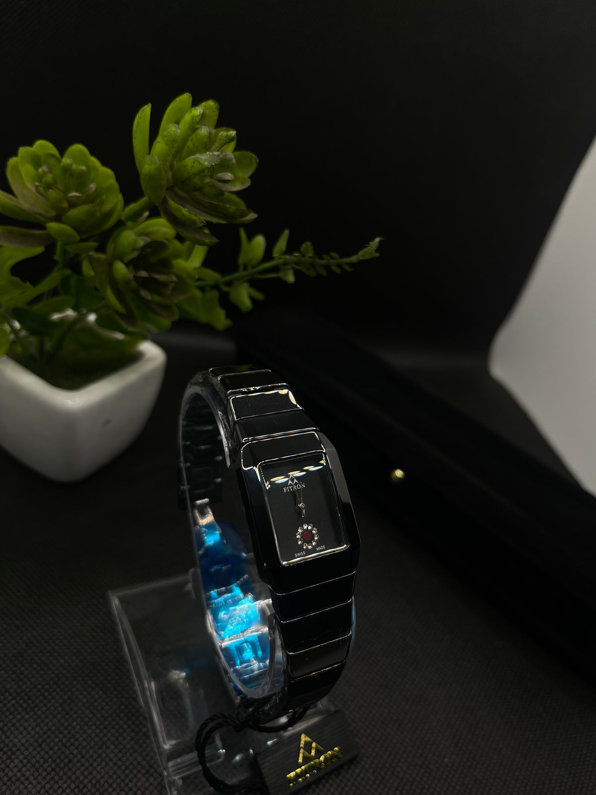 BLACK CERAMIC WITH A RECTANGULAR FACE AND DECORATIVE CRYSTAL WATCH FOR WOMEN