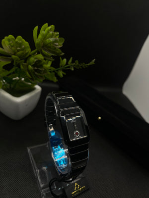 BLACK CERAMIC WITH A RECTANGULAR FACE AND DECORATIVE CRYSTAL WATCH FOR WOMEN