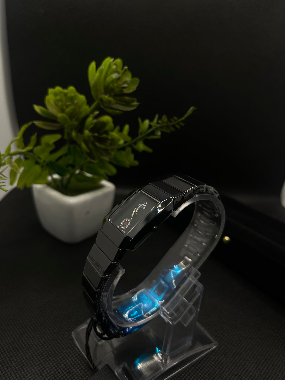 BLACK CERAMIC WITH A RECTANGULAR FACE AND DECORATIVE CRYSTAL WATCH FOR WOMEN