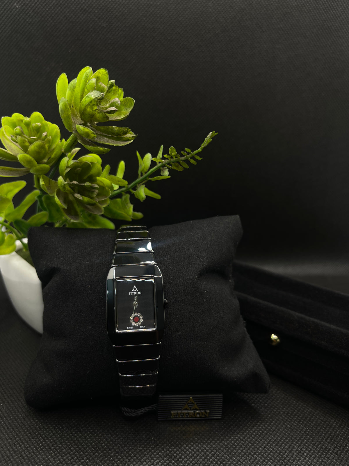 BLACK CERAMIC WITH A RECTANGULAR FACE AND DECORATIVE CRYSTAL WATCH FOR WOMEN
