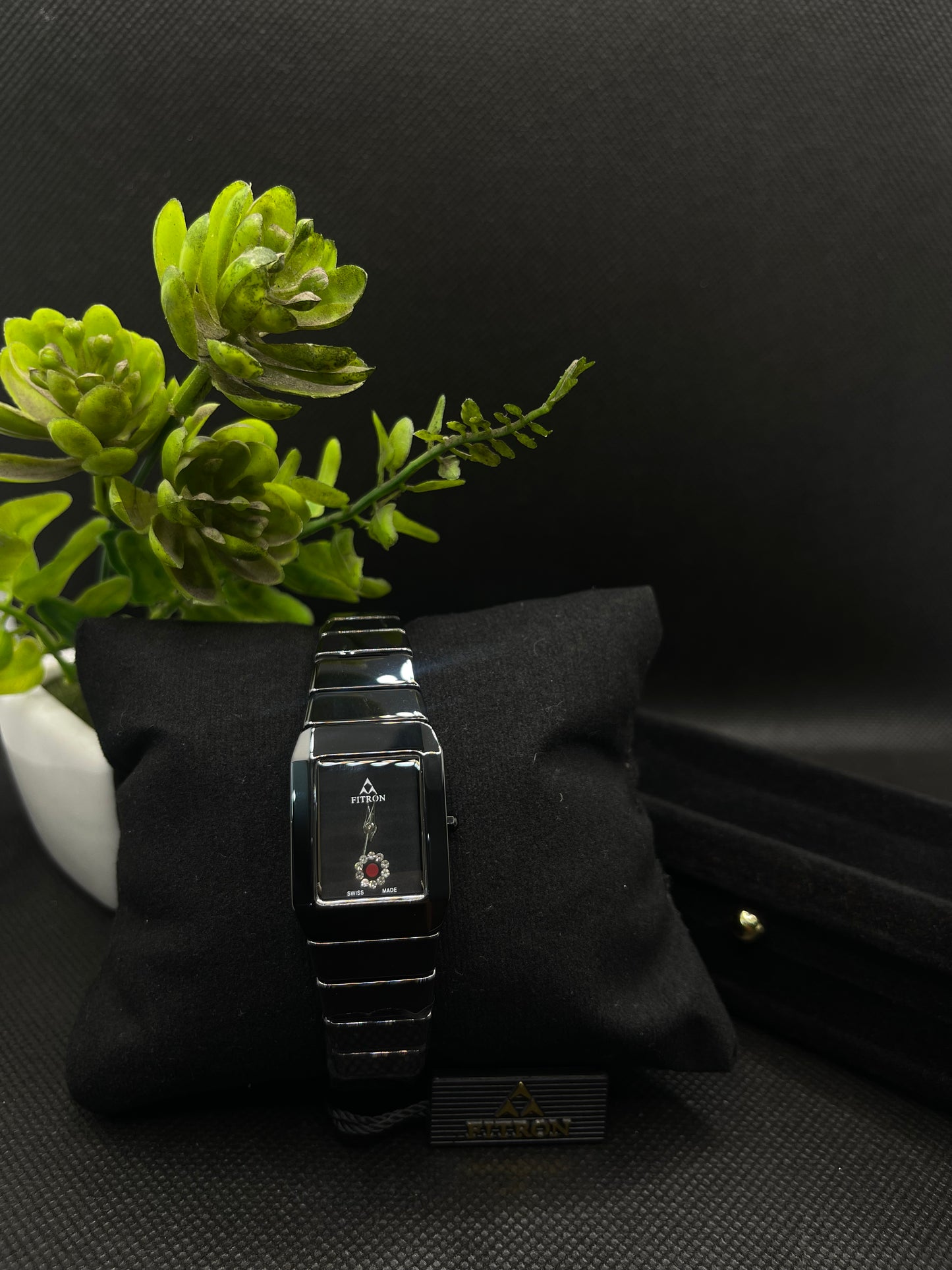BLACK CERAMIC WITH A RECTANGULAR FACE AND DECORATIVE CRYSTAL WATCH FOR WOMEN