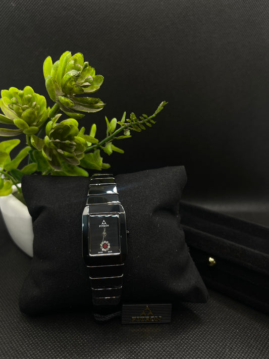 BLACK CERAMIC WITH A RECTANGULAR FACE AND DECORATIVE CRYSTAL WATCH FOR WOMEN
