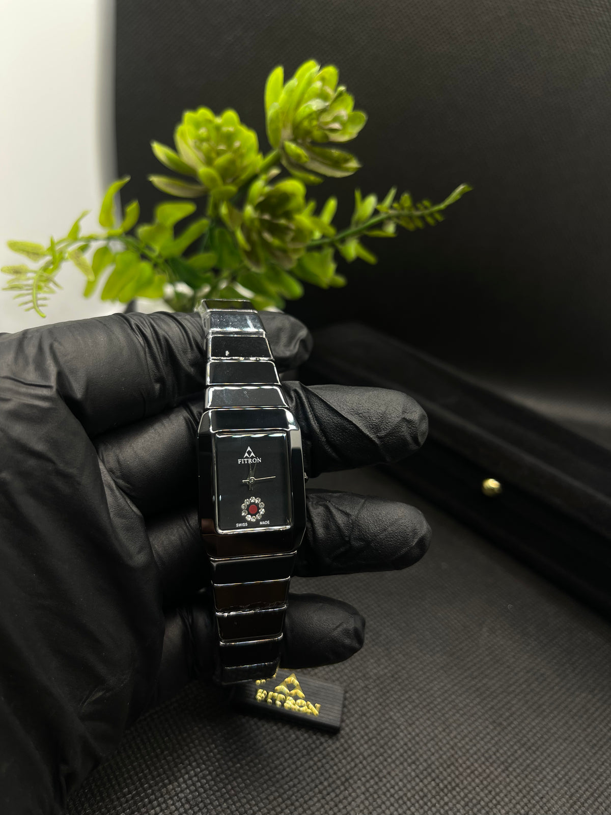 BLACK CERAMIC WITH A RECTANGULAR FACE AND DECORATIVE CRYSTAL WATCH FOR WOMEN