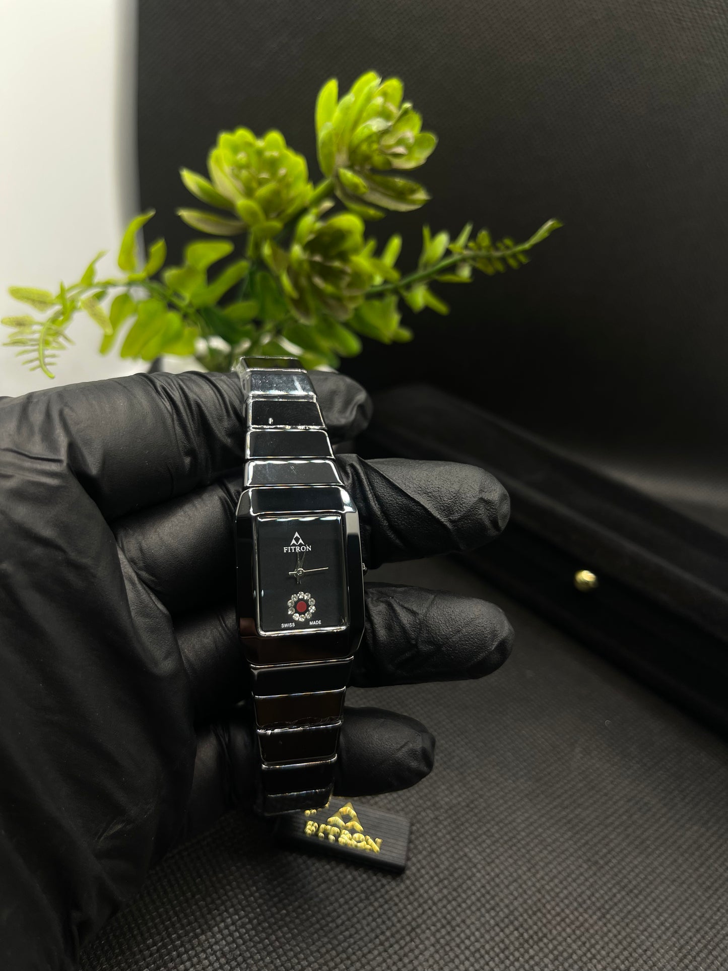 BLACK CERAMIC WITH A RECTANGULAR FACE AND DECORATIVE CRYSTAL WATCH FOR WOMEN