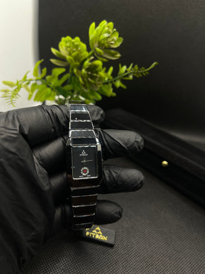 BLACK CERAMIC WITH A RECTANGULAR FACE AND DECORATIVE CRYSTAL WATCH FOR WOMEN