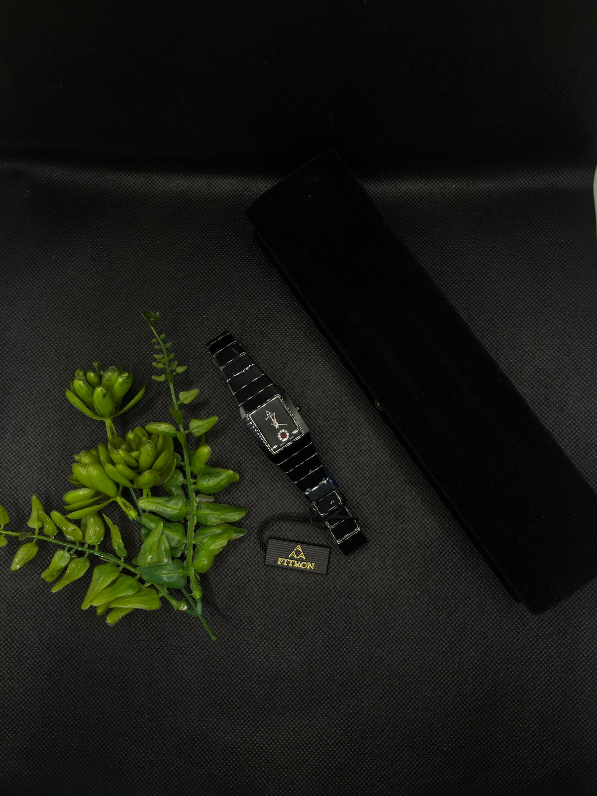 BLACK CERAMIC WITH A RECTANGULAR FACE AND DECORATIVE CRYSTAL WATCH FOR WOMEN