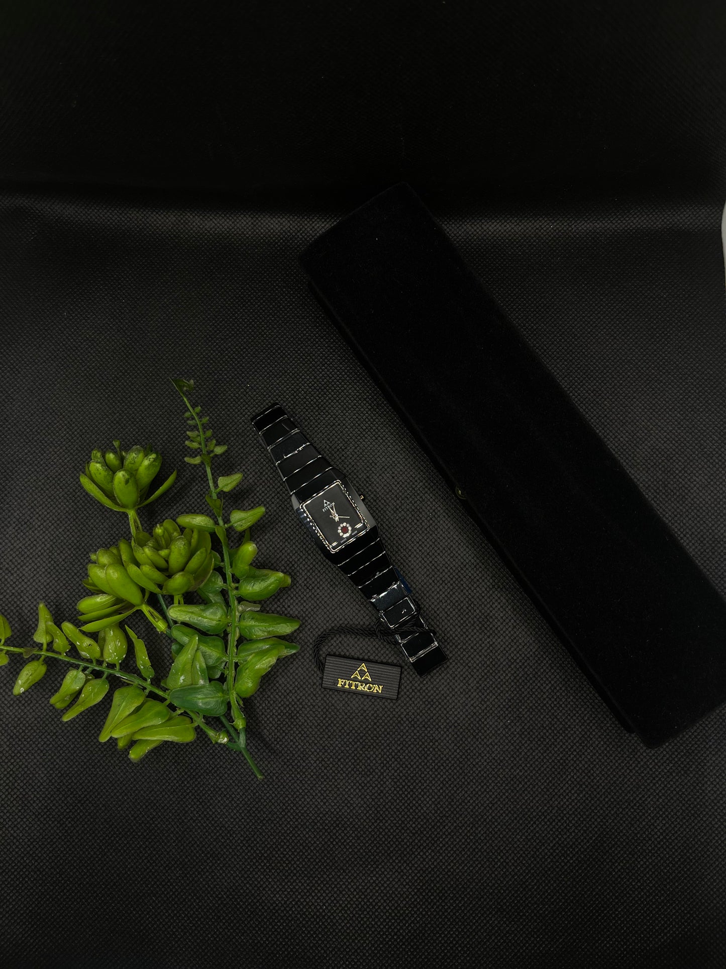 BLACK CERAMIC WITH A RECTANGULAR FACE AND DECORATIVE CRYSTAL WATCH FOR WOMEN