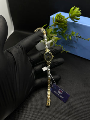 GOLD-TONE CASE AND BLACK DIAL WITH PEARL BRACELET WATCH FOR WOMEN