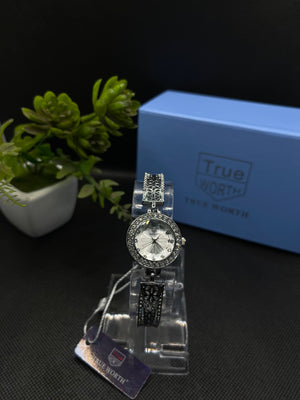 SILVER COLOURED METAL BAND AND DIAMOND-DIAL FACE WATCH FOR WOMEN