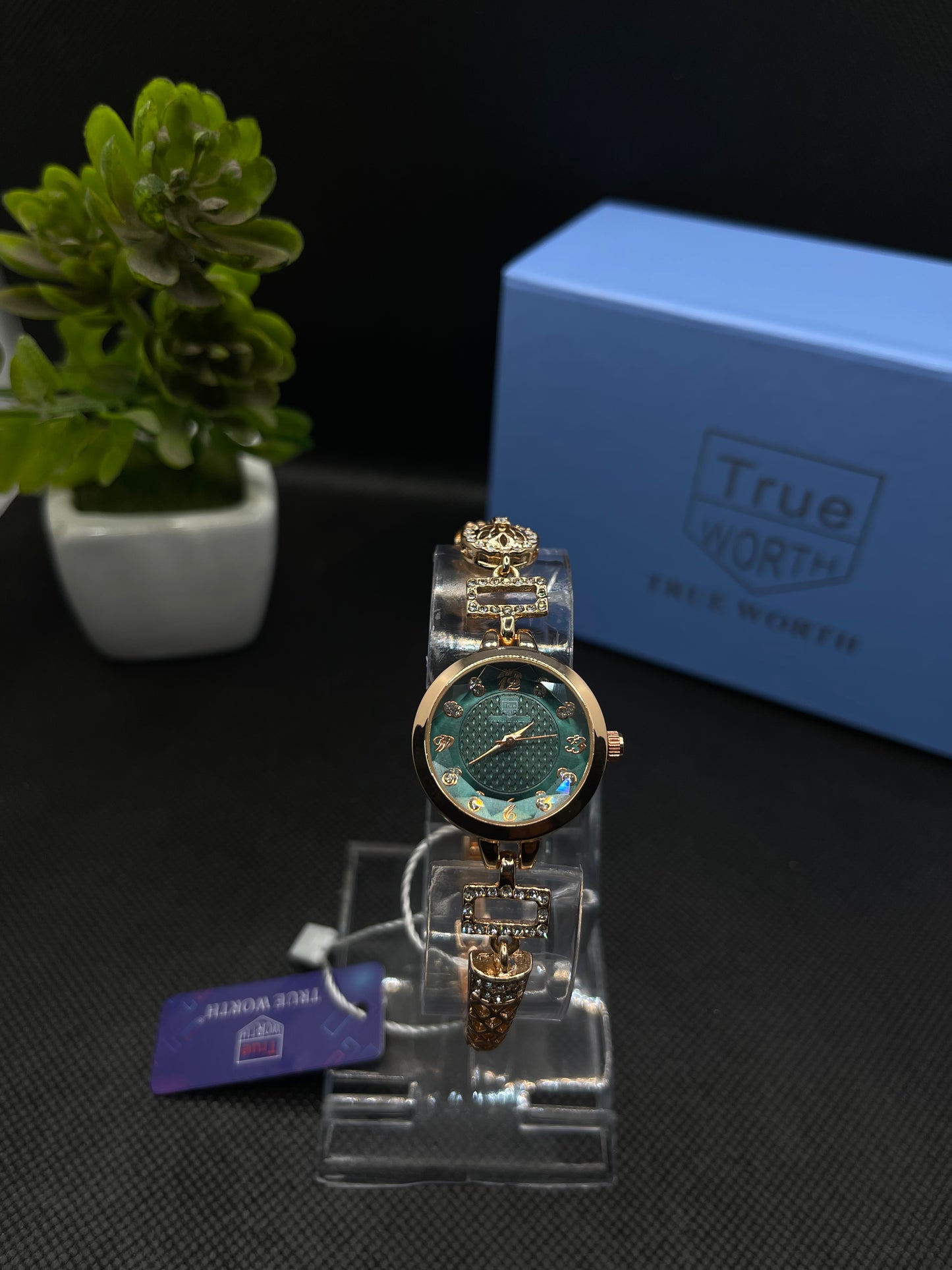 GOLD AND GREEN TONED CASE WITH TEXTURED DIAL WATCH FOR WOMEN