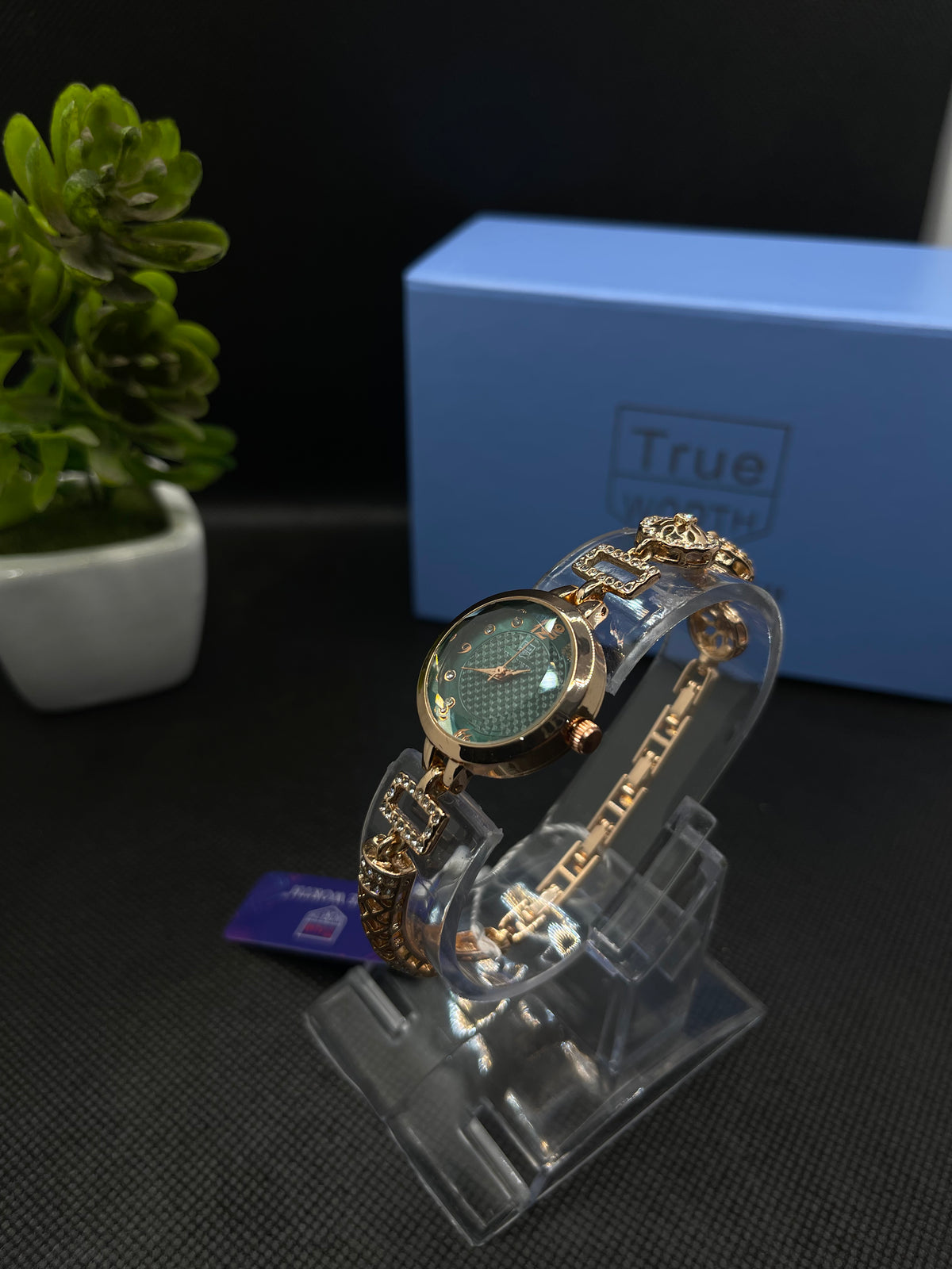 GOLD AND GREEN TONED CASE WITH TEXTURED DIAL WATCH FOR WOMEN