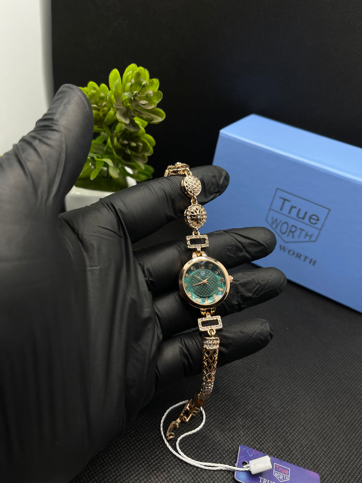 GOLD AND GREEN TONED CASE WITH TEXTURED DIAL WATCH FOR WOMEN
