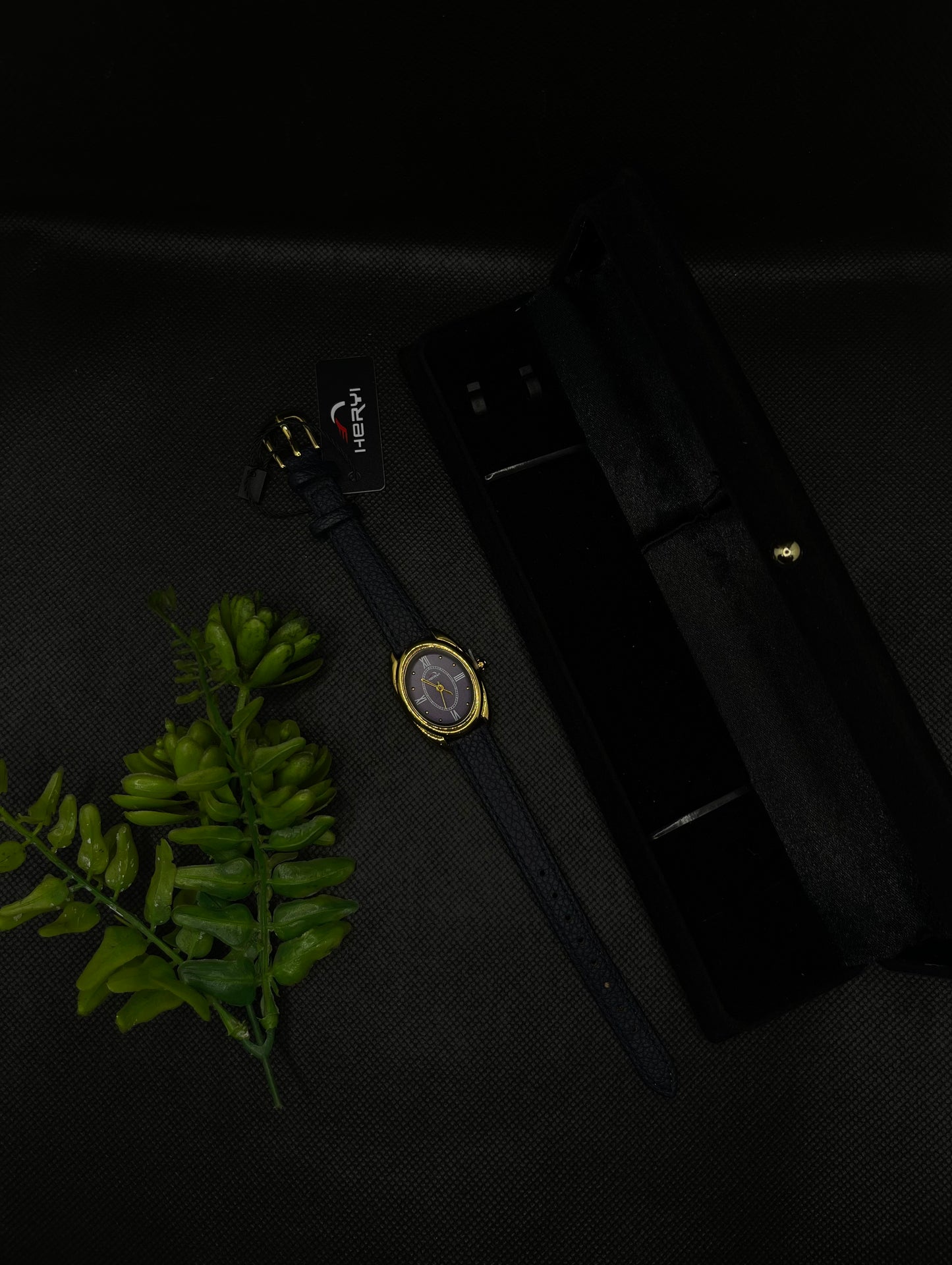 HERYI BLUE DIAL, GOLD-TONE CASE WITH BLUE LEATHER STRAP WATCH FOR WOMEN