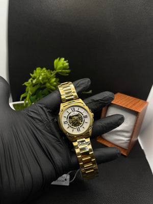 AUTOMATIC MECHANICAL GOLD WATCH WITH ROMAN COUNT SKELETON DIAL AND STAINLESS STEEL BAND