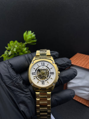 AUTOMATIC MECHANICAL GOLD WATCH WITH ROMAN COUNT SKELETON DIAL AND STAINLESS STEEL BAND