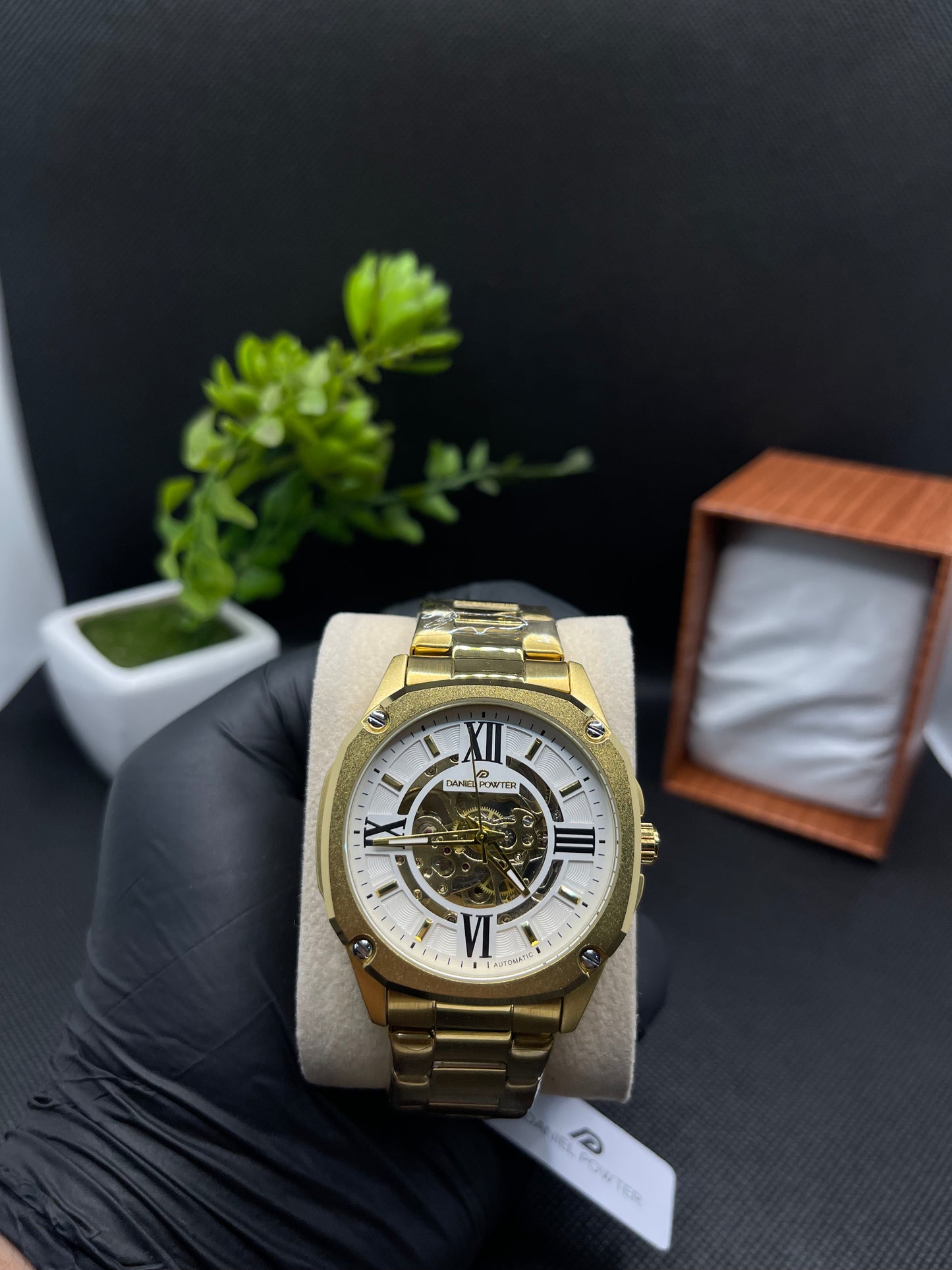 AUTOMATIC MECHANICAL GOLD WATCH WITH ROMAN COUNT SKELETON DIAL AND STAINLESS STEEL BAND