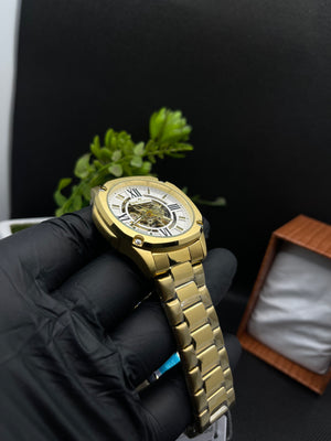 AUTOMATIC MECHANICAL GOLD WATCH WITH ROMAN COUNT SKELETON DIAL AND STAINLESS STEEL BAND