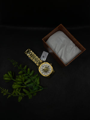 AUTOMATIC MECHANICAL GOLD WATCH WITH ROMAN COUNT SKELETON DIAL AND STAINLESS STEEL BAND