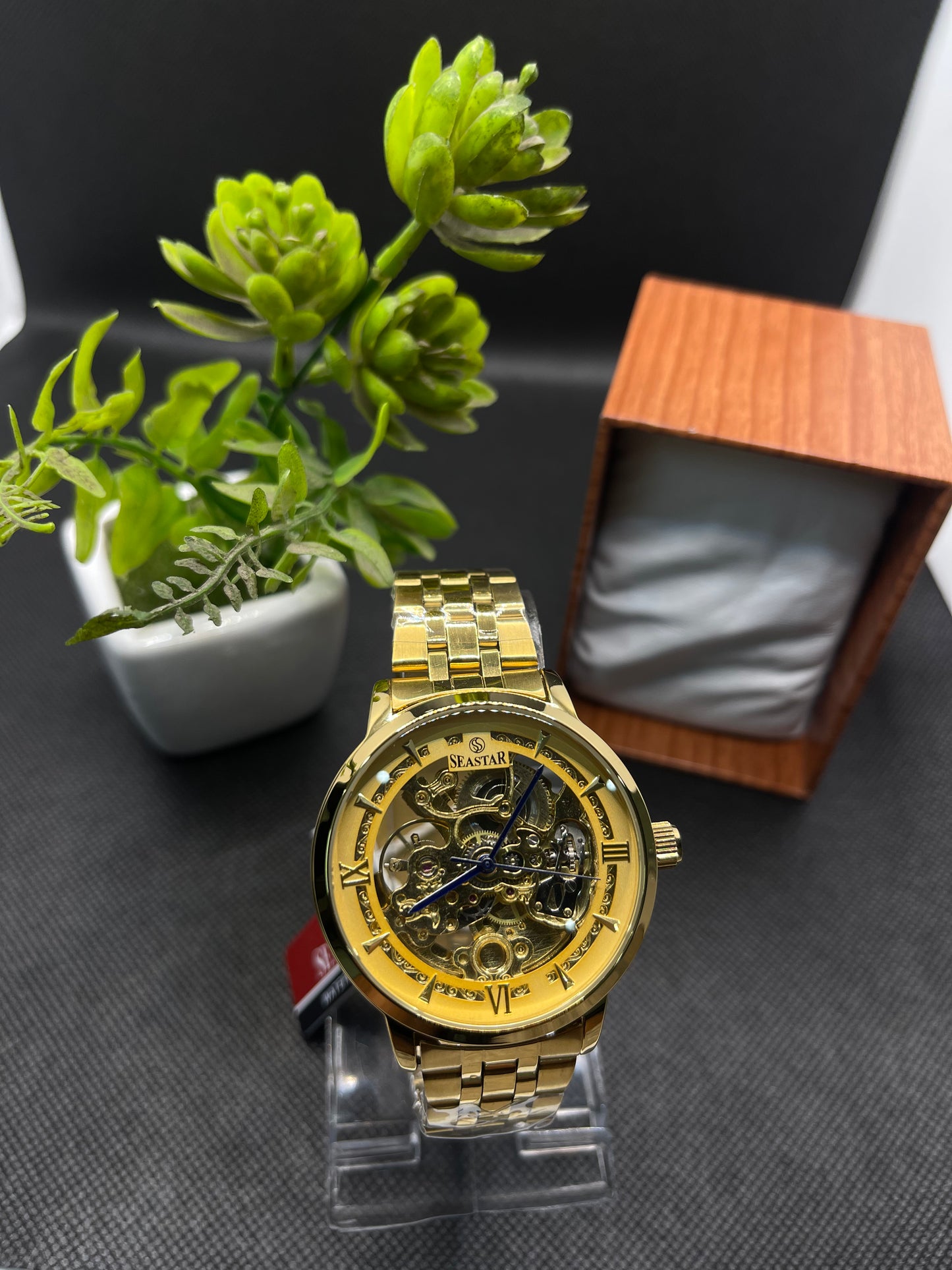 AUTOMATIC GOLDEN SKELETON DIAL WITH STAINLESS STEEL CHAIN MEN's WATCH