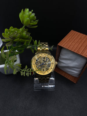 AUTOMATIC GOLDEN SKELETON DIAL WITH STAINLESS STEEL CHAIN MEN's WATCH