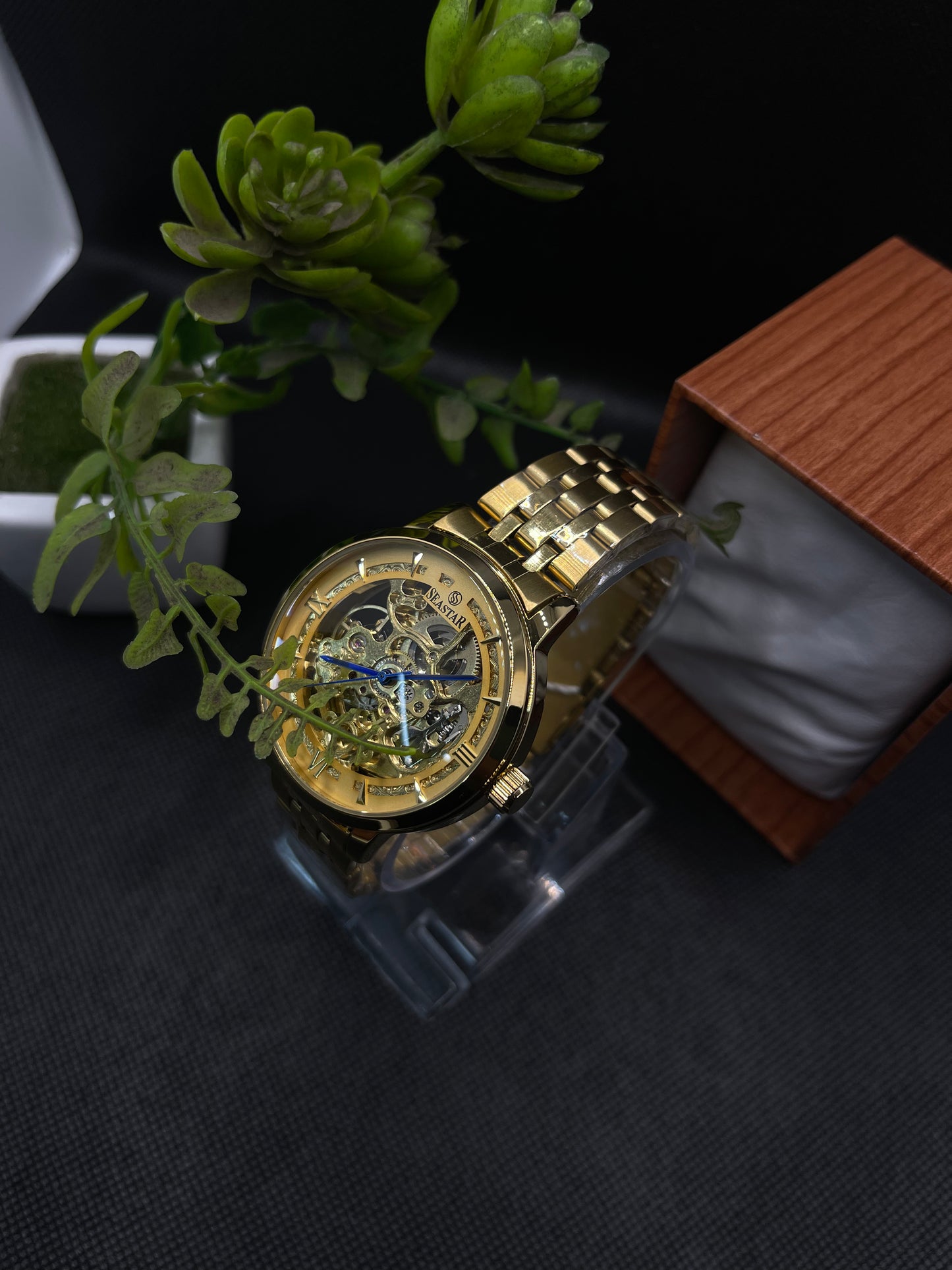 AUTOMATIC GOLDEN SKELETON DIAL WITH STAINLESS STEEL CHAIN MEN's WATCH