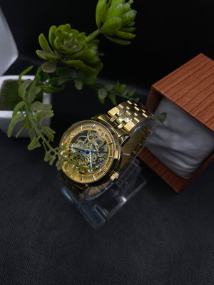 AUTOMATIC GOLDEN SKELETON DIAL WITH STAINLESS STEEL CHAIN MEN's WATCH