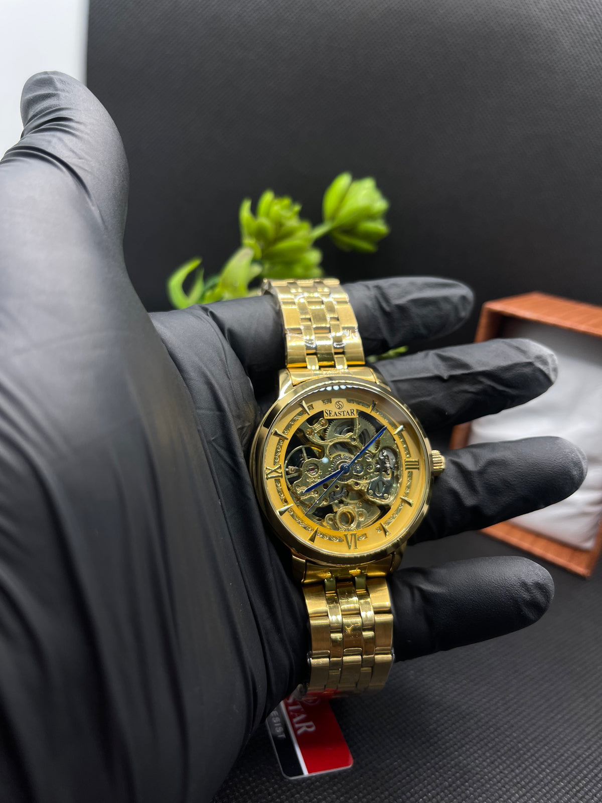 AUTOMATIC GOLDEN SKELETON DIAL WITH STAINLESS STEEL CHAIN MEN's WATCH