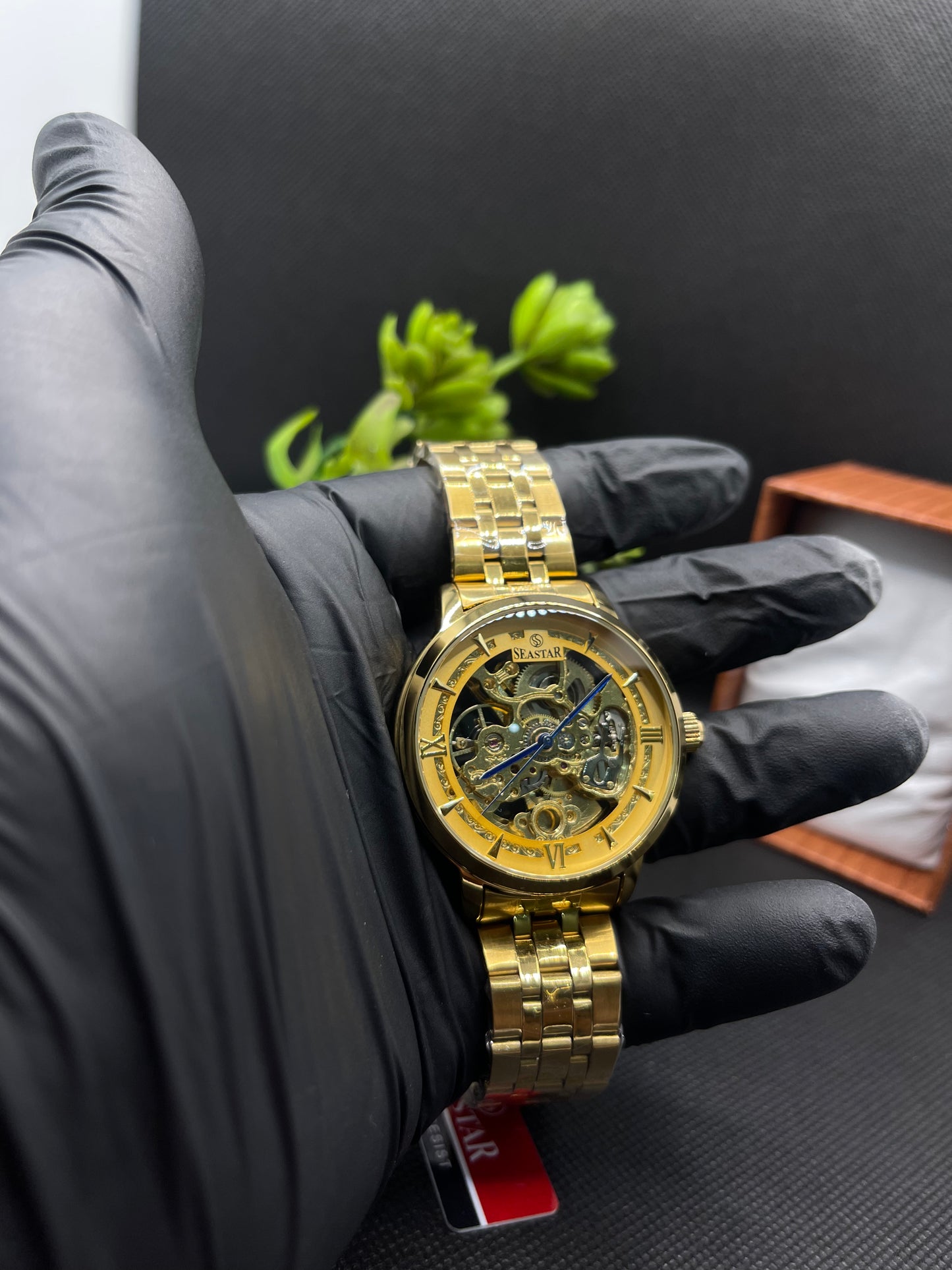 AUTOMATIC GOLDEN SKELETON DIAL WITH STAINLESS STEEL CHAIN MEN's WATCH