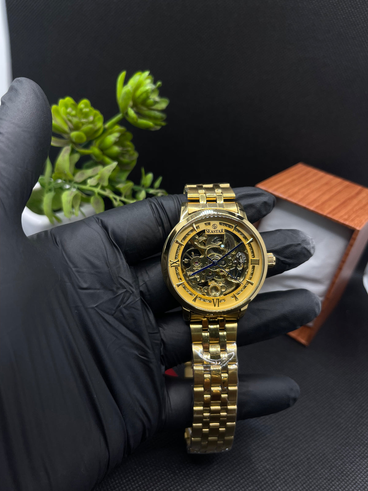 AUTOMATIC GOLDEN SKELETON DIAL WITH STAINLESS STEEL CHAIN MEN's WATCH